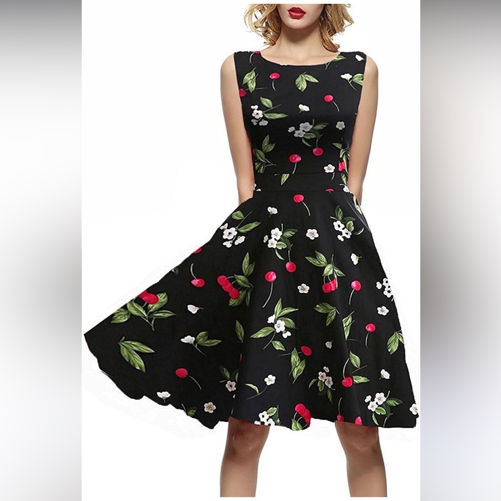 Acevog cherry floral print boatneck collar tie back retro dress-runs small